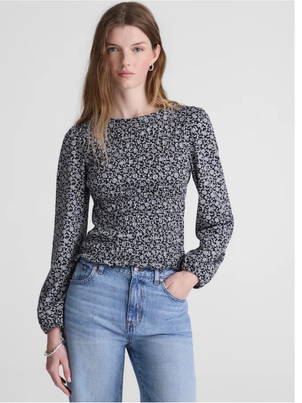 Madewell Dark Blue & White Floral Smocked Top Size M